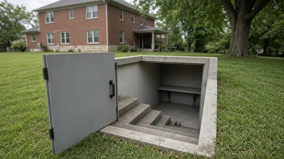 Open in-ground storm shelter with concrete steps in an Indiana backyard
