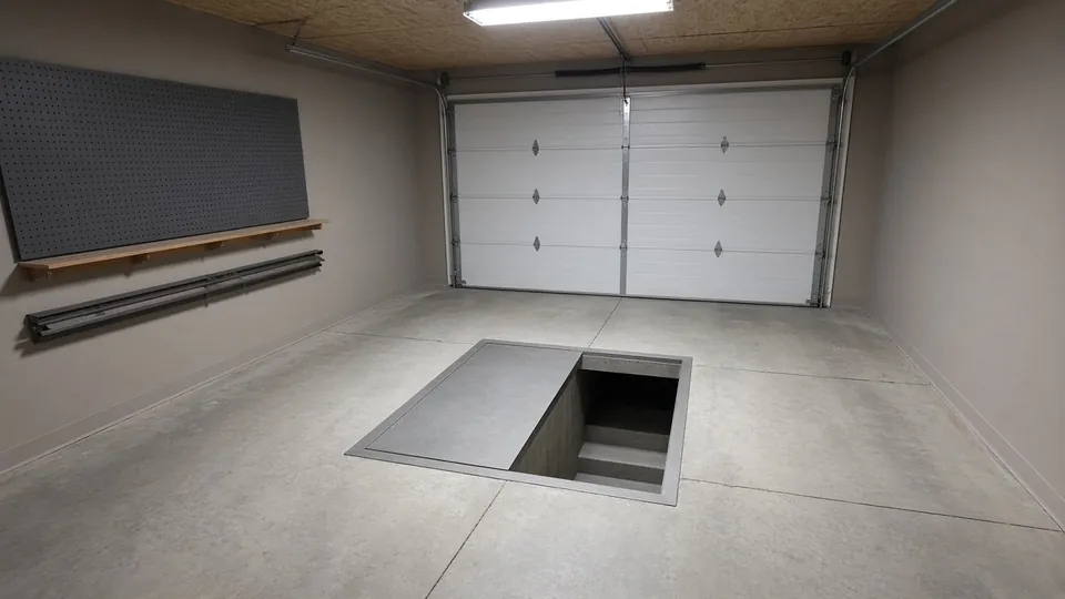 Garage floor storm shelter hatch set into a concrete slab