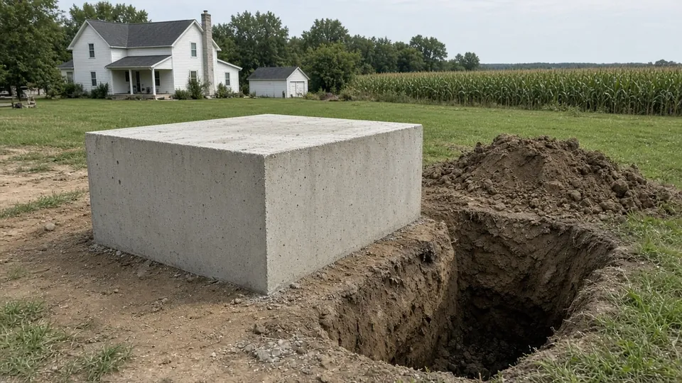 Prefabricated concrete storm shelter unit on a trailer beside an excavated pit